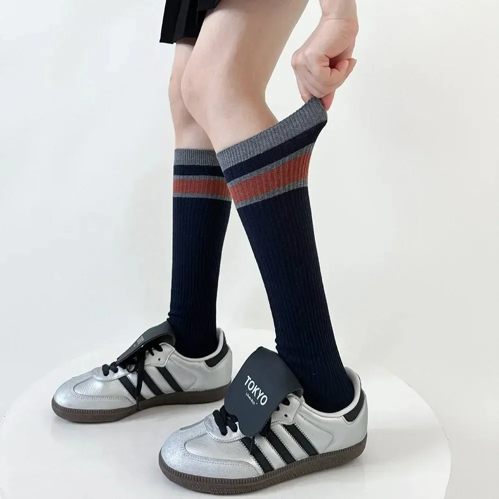 Korean Striped Calf Socks Cotton Colorblocked Knee Socks High Breathable Sport Cycling Mid-calf Socks