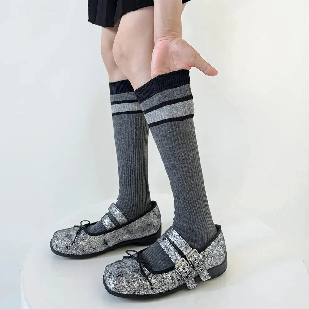 Korean Striped Calf Socks Cotton Colorblocked Knee Socks High Breathable Sport Cycling Mid-calf Socks