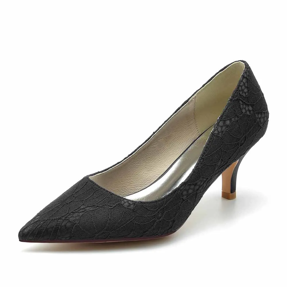 Lace Low Heels Pull-On Pumps Closed Toe Party Shoes Wedding Heels