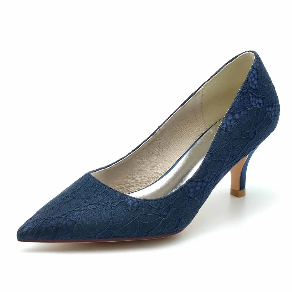 Lace Low Heels Pull-On Pumps Closed Toe Party Shoes Wedding Heels