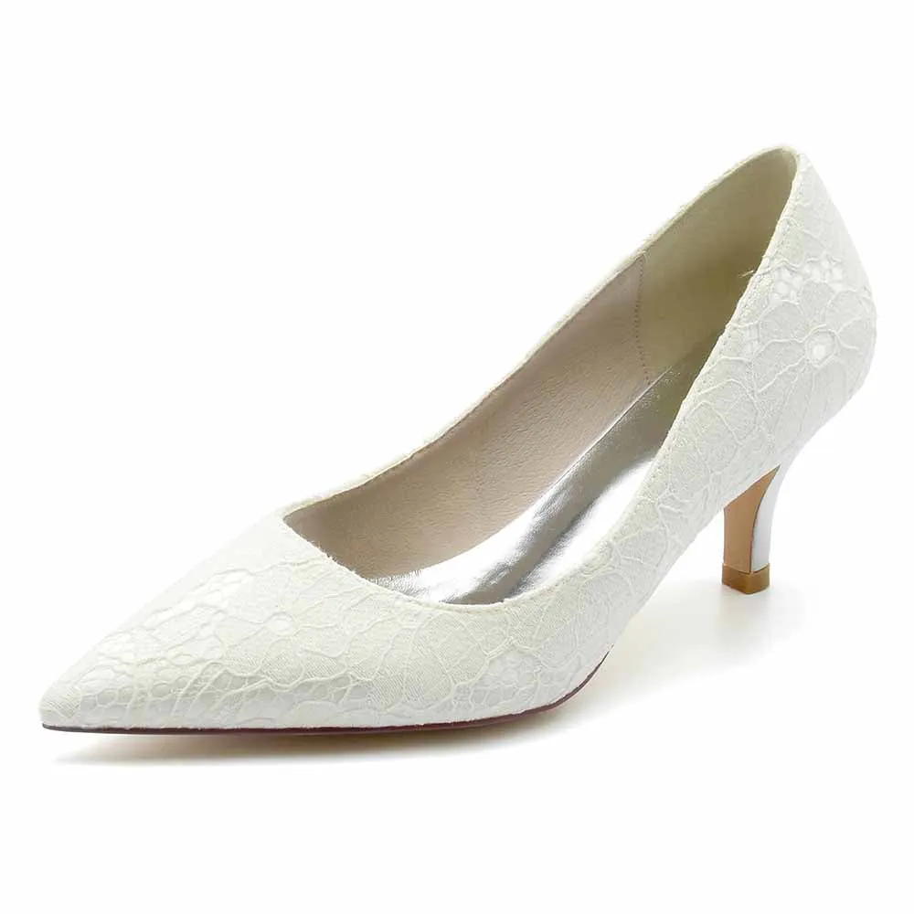 Lace Low Heels Pull-On Pumps Closed Toe Party Shoes Wedding Heels