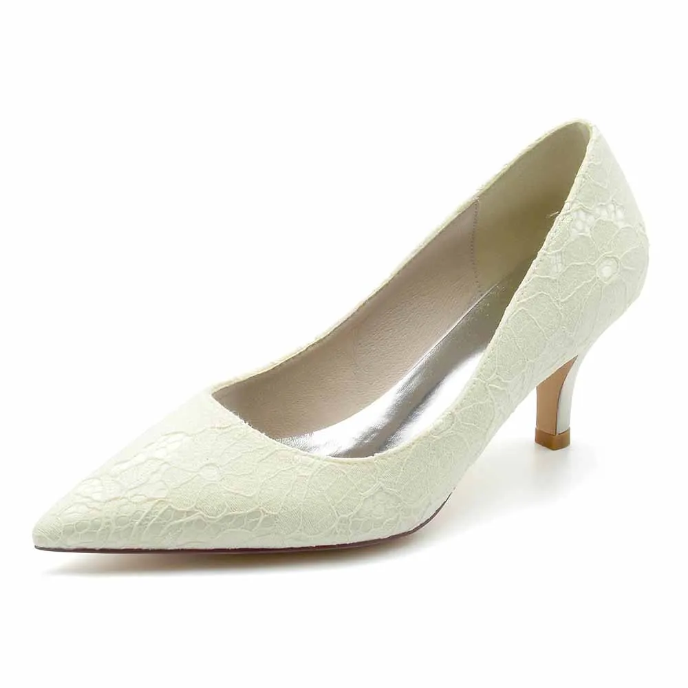 Lace Low Heels Pull-On Pumps Closed Toe Party Shoes Wedding Heels