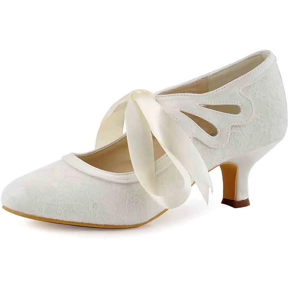 Lace Wedding Shoes Closed Toe Bridal Shoes Women Mary Jane Low Heels Pumps