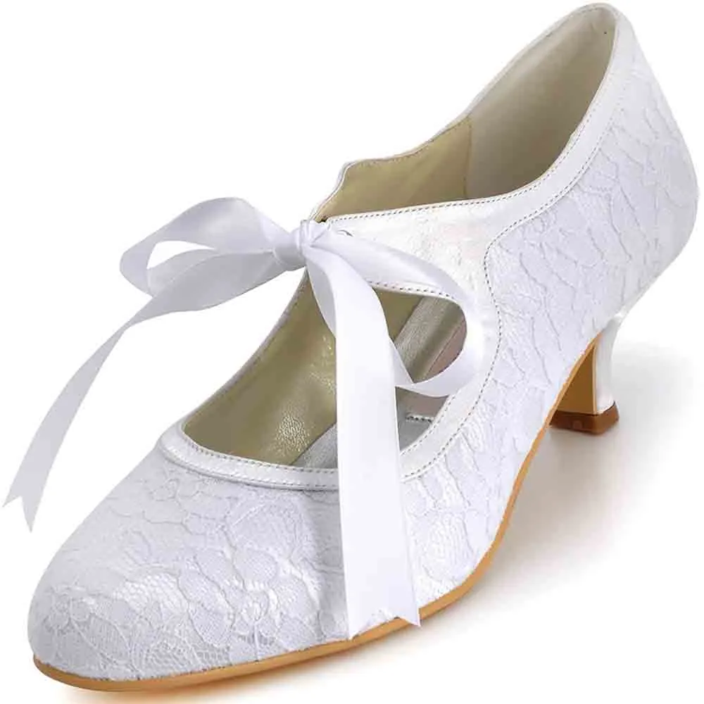 Lace Wedding Shoes Closed Toe Bridal Shoes Women Mary Jane Low Heels Pumps