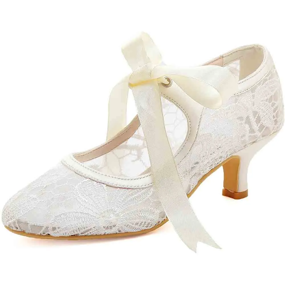 Lace Wedding Shoes Closed Toe Bridal Shoes Women Mary Jane Low Heels Pumps