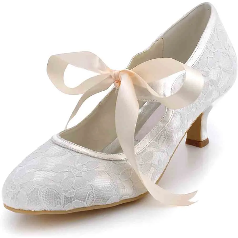 Lace Wedding Shoes Closed Toe Bridal Shoes Women Mary Jane Low Heels Pumps