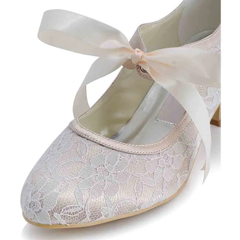 Lace Wedding Shoes Closed Toe Bridal Shoes Women Mary Jane Low Heels Pumps