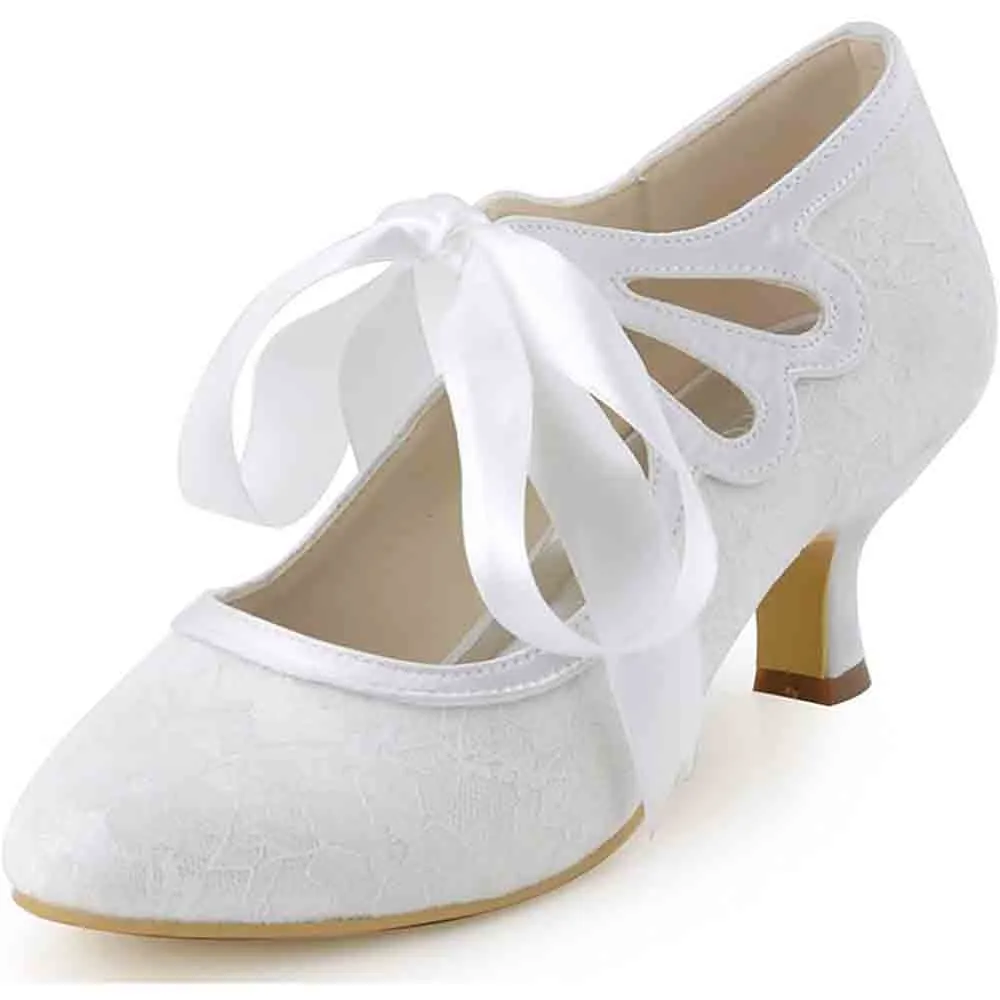 Lace Wedding Shoes Closed Toe Bridal Shoes Women Mary Jane Low Heels Pumps