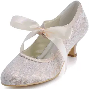 Lace Wedding Shoes Closed Toe Bridal Shoes Women Mary Jane Low Heels Pumps