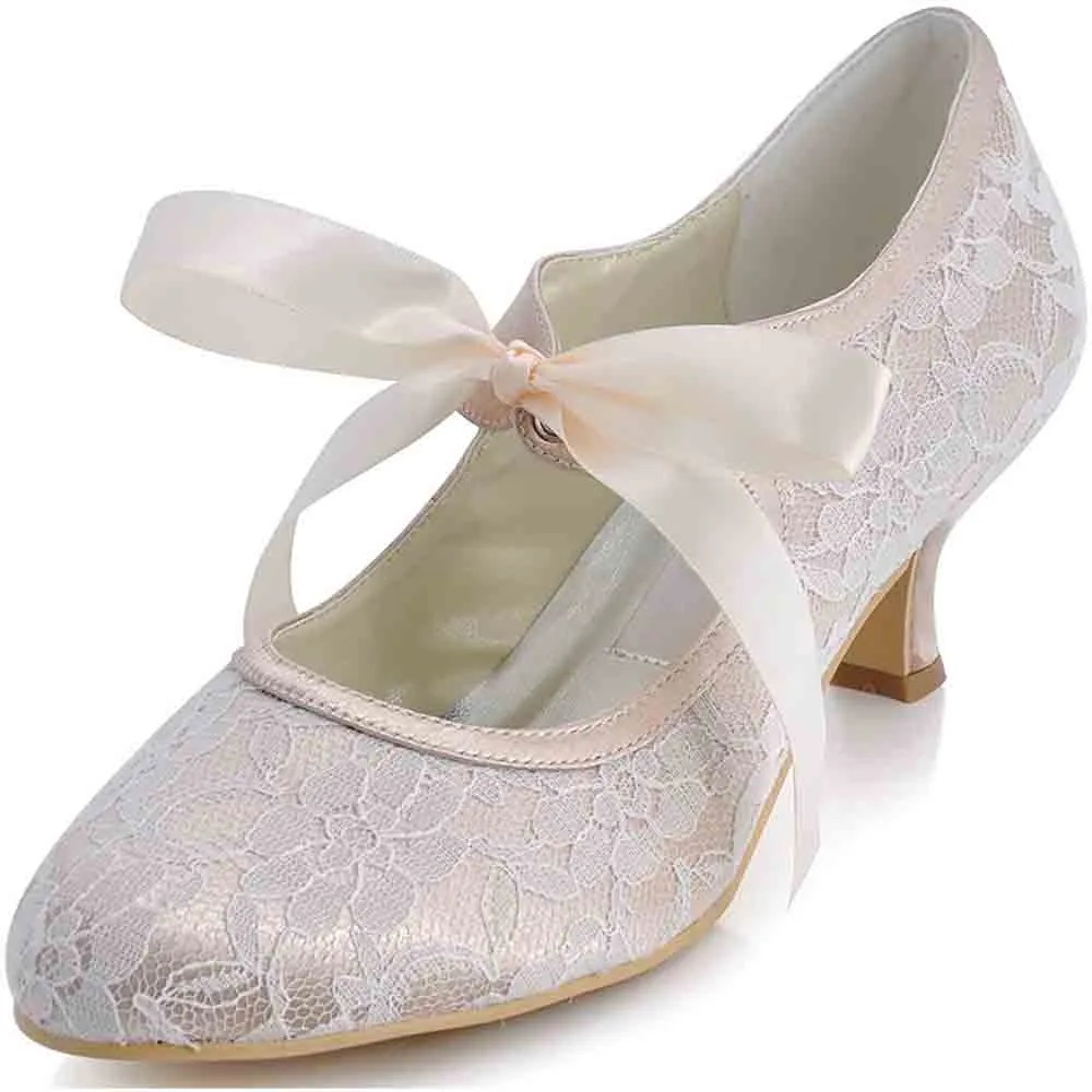 Lace Wedding Shoes Closed Toe Bridal Shoes Women Mary Jane Low Heels Pumps