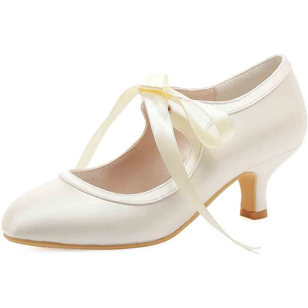 Lace Wedding Shoes Closed Toe Bridal Shoes Women Mary Jane Low Heels Pumps
