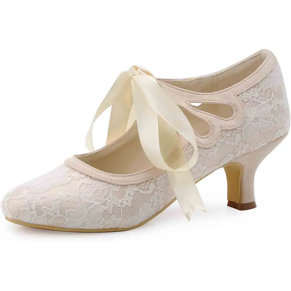 Lace Wedding Shoes Closed Toe Bridal Shoes Women Mary Jane Low Heels Pumps