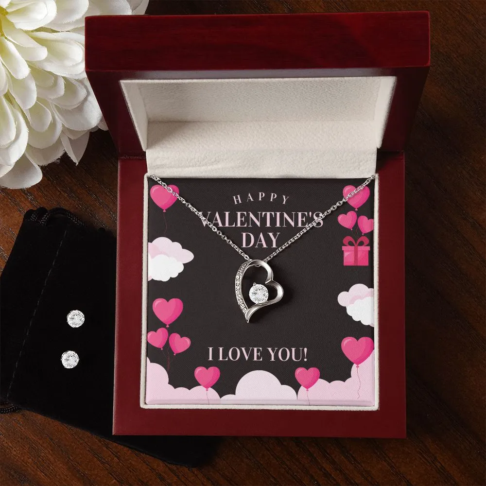 Love You Valentine's Forever Heart Necklace & Cubic Zirconia Earring Set