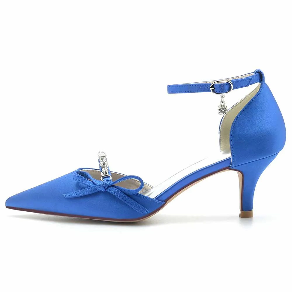 Low Heels Wedding Heels Satin Ankle Strap Shoes with Beaded Bridal Heels