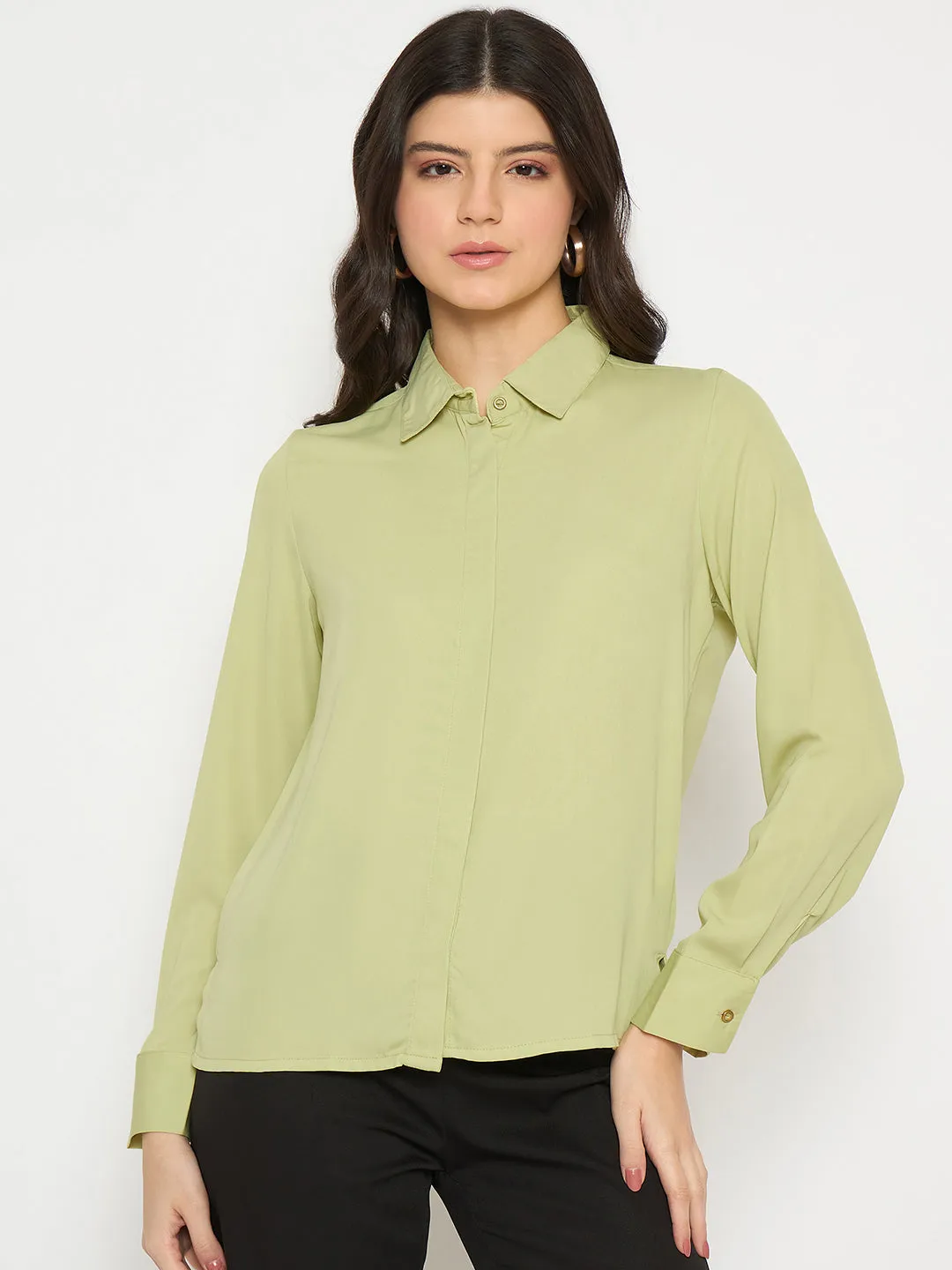 Madame Cuff Sleeve Solid Green Shirt