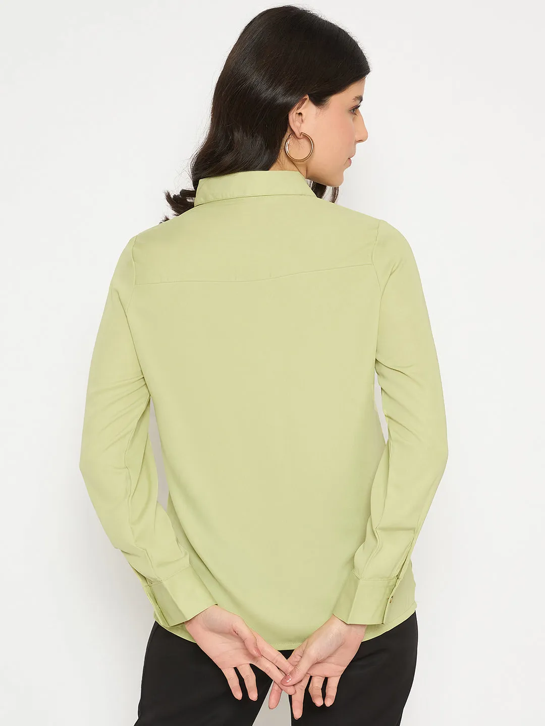 Madame Cuff Sleeve Solid Green Shirt