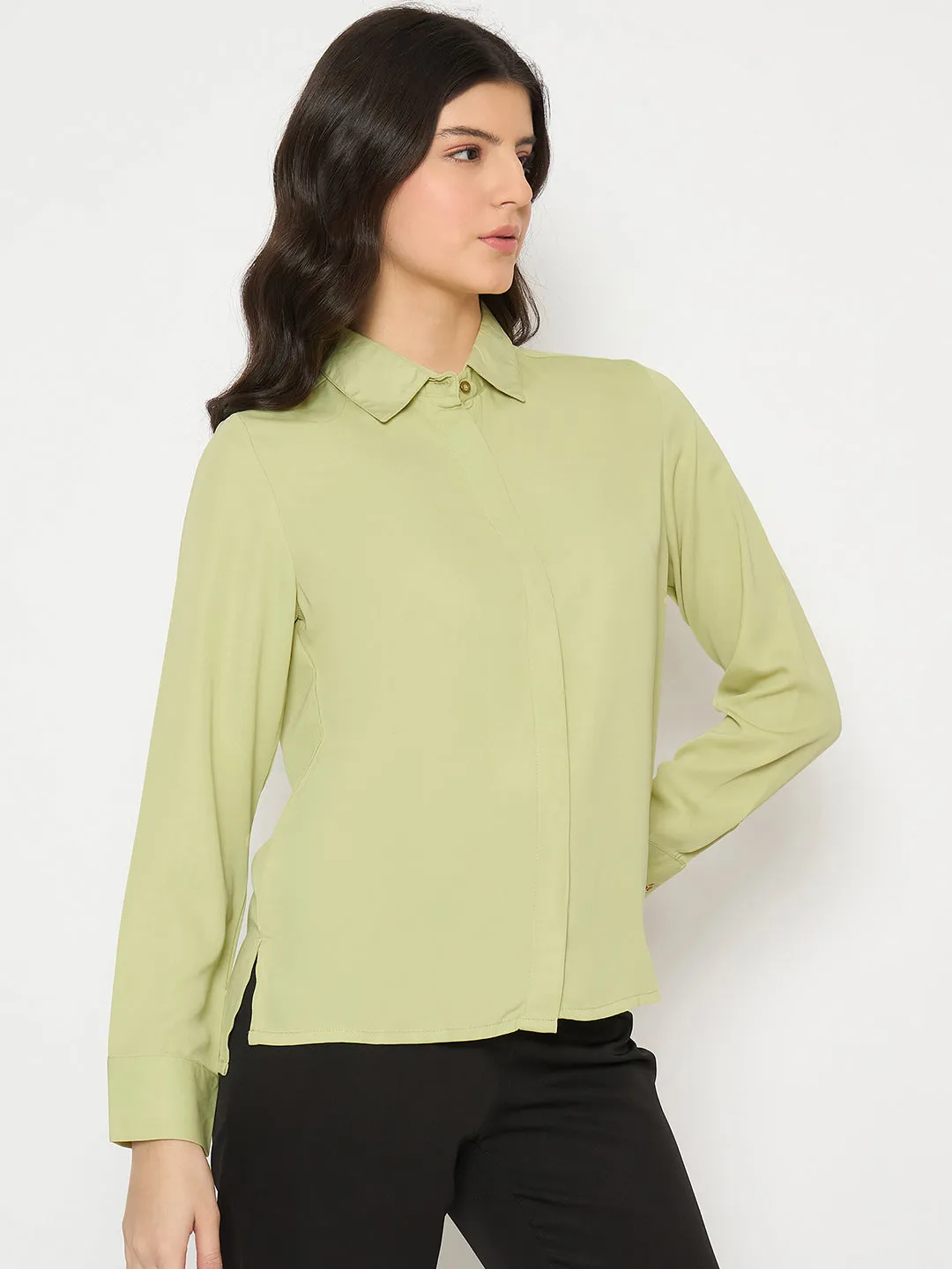 Madame Cuff Sleeve Solid Green Shirt