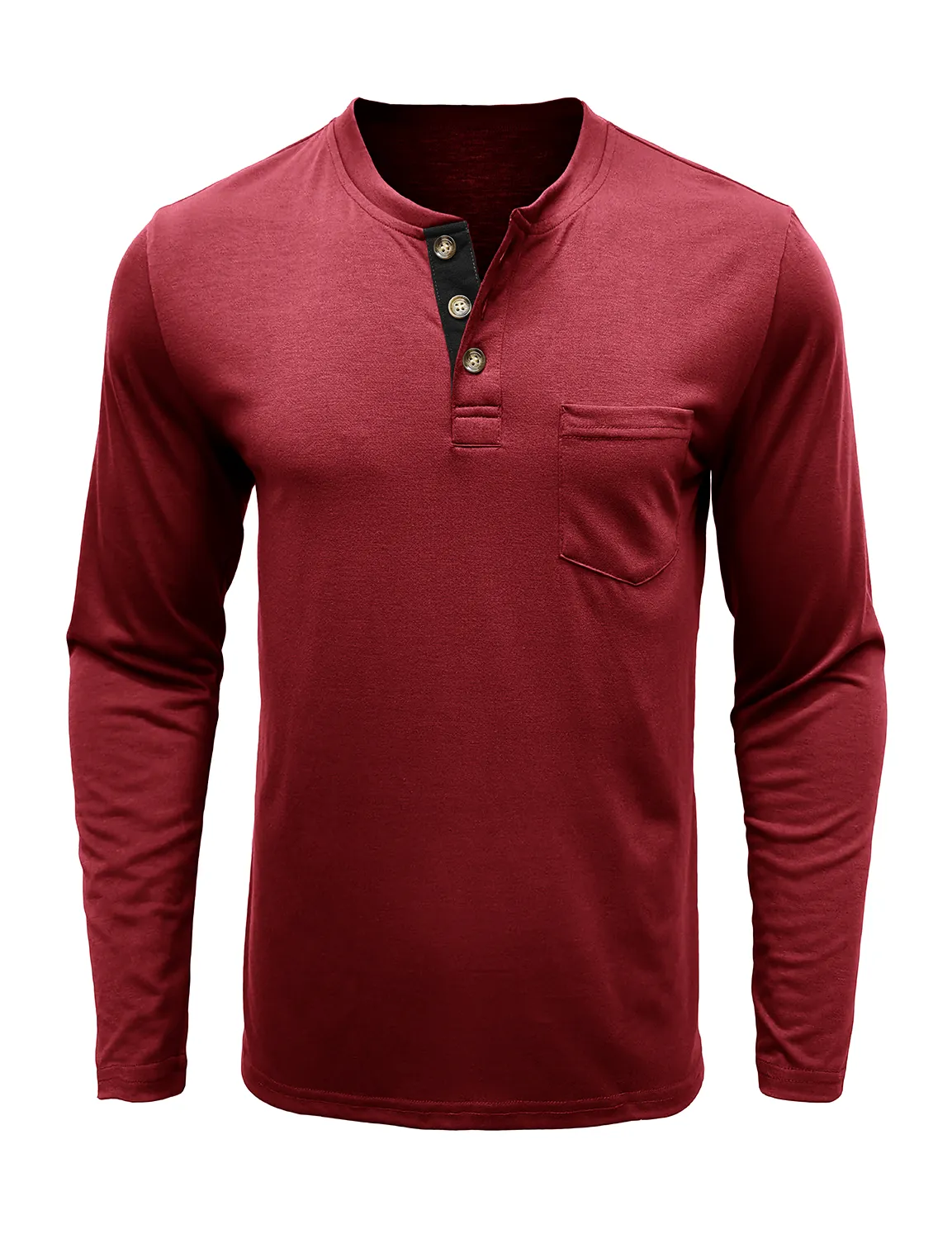 Men's Solid Color Cotton Casual Henry Collar Pocket Long Sleeve T-Shirt