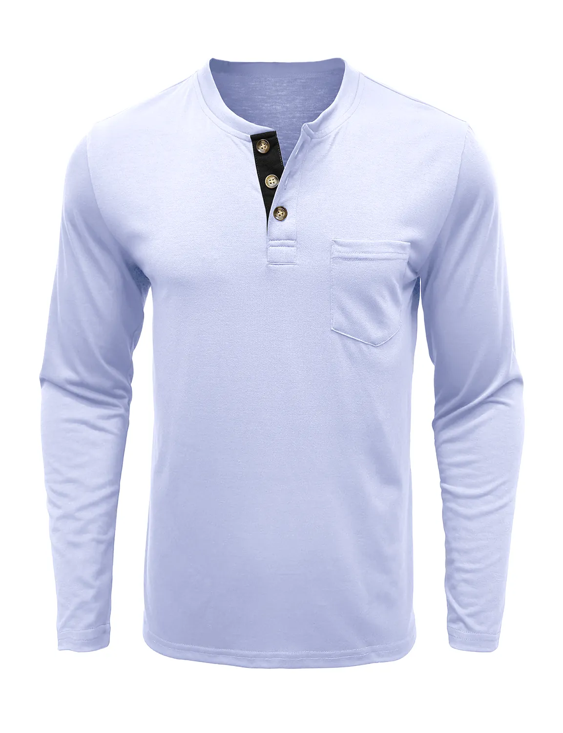 Men's Solid Color Cotton Casual Henry Collar Pocket Long Sleeve T-Shirt