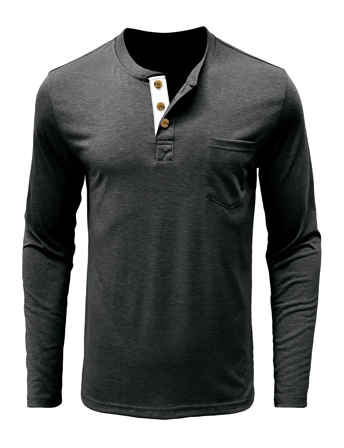 Men's Solid Color Cotton Casual Henry Collar Pocket Long Sleeve T-Shirt
