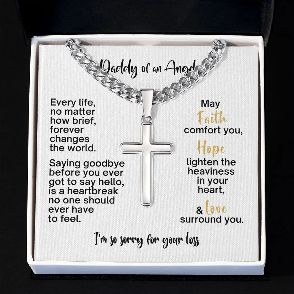 Miscarriage Gift for Dad, Loss of Baby Cross with Cuban Chain for Daddy, Infant Loss Keepsake, Stillborn Memorial Present