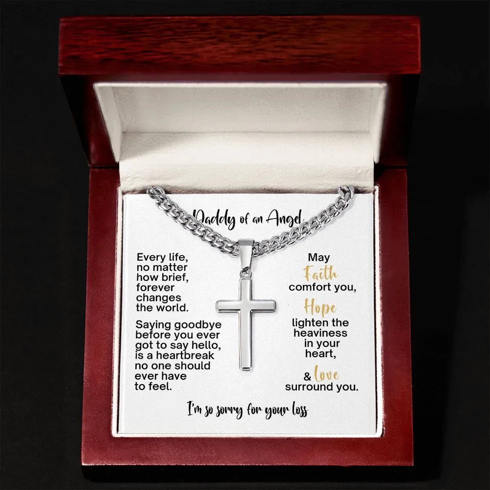 Miscarriage Gift for Dad, Loss of Baby Cross with Cuban Chain for Daddy, Infant Loss Keepsake, Stillborn Memorial Present