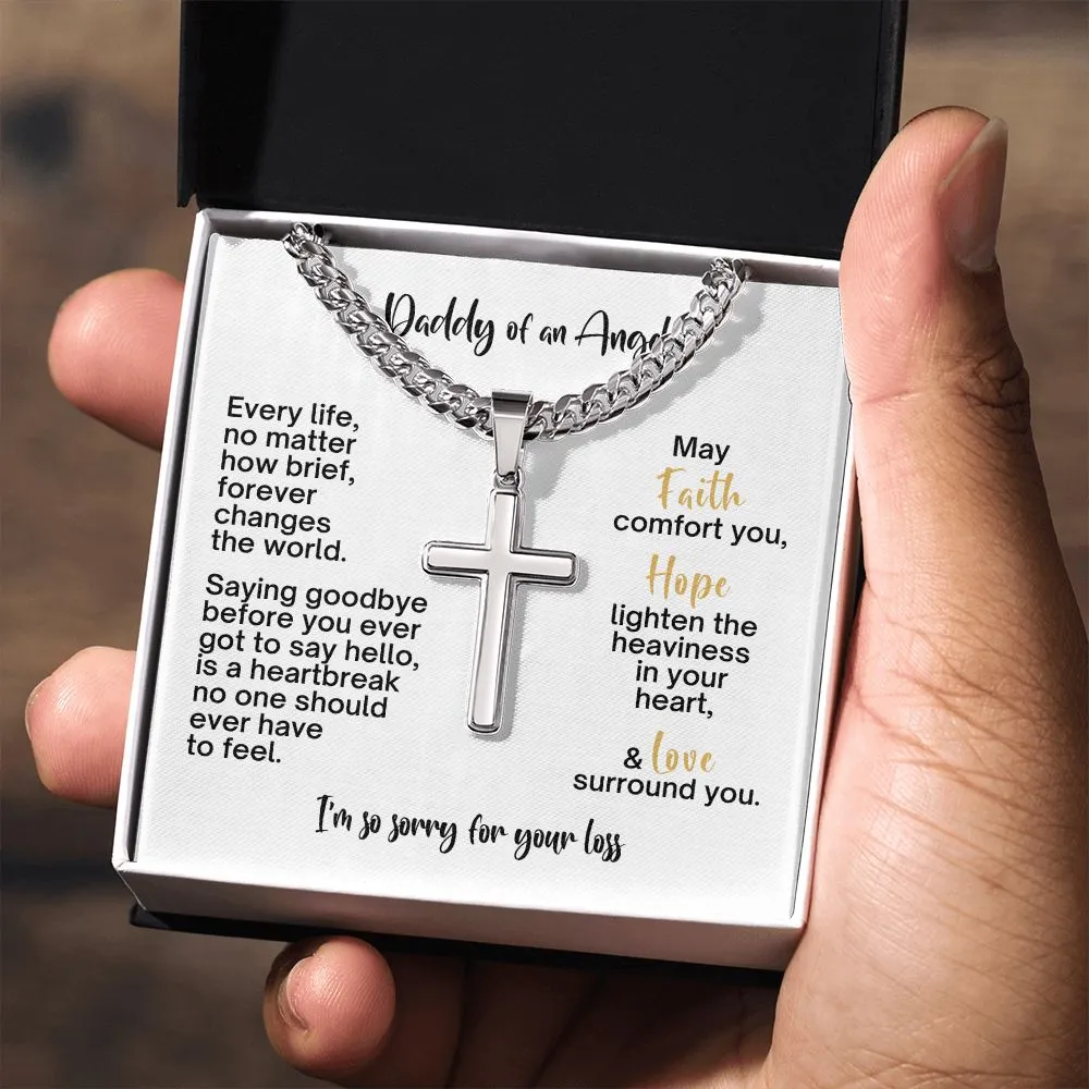 Miscarriage Gift for Dad, Loss of Baby Cross with Cuban Chain for Daddy, Infant Loss Keepsake, Stillborn Memorial Present