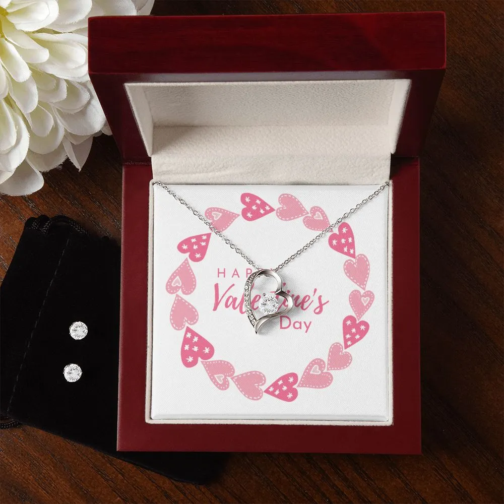 Pink Heart Valentine's Forever Heart Necklace & Cubic Zirconia Earring Set