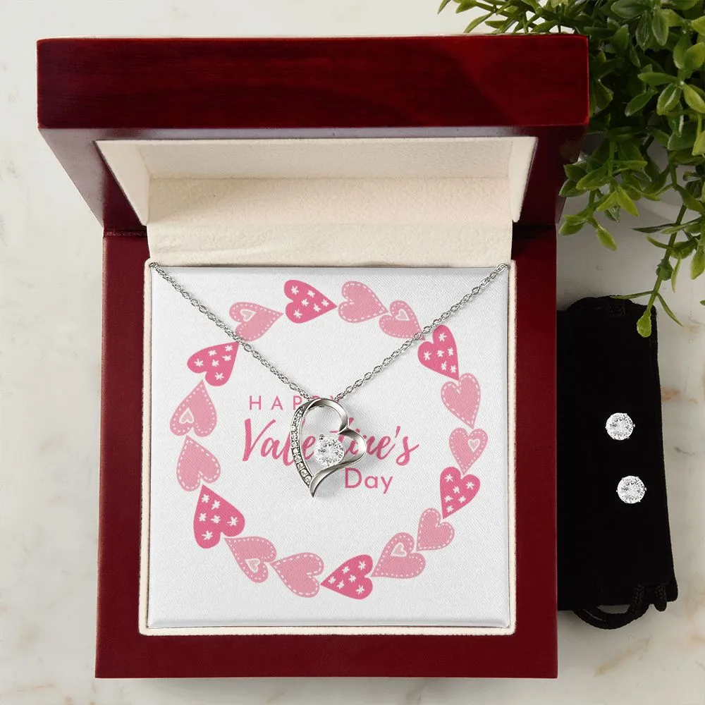 Pink Heart Valentine's Forever Heart Necklace & Cubic Zirconia Earring Set