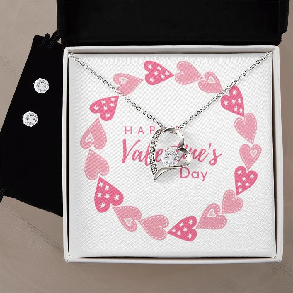 Pink Heart Valentine's Forever Heart Necklace & Cubic Zirconia Earring Set