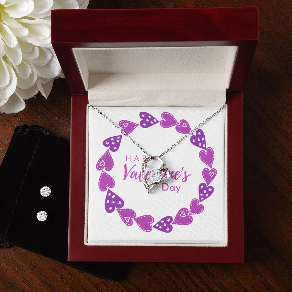 Purple Heart Valentine's Forever Heart Necklace & Cubic Zirconia Earring Set