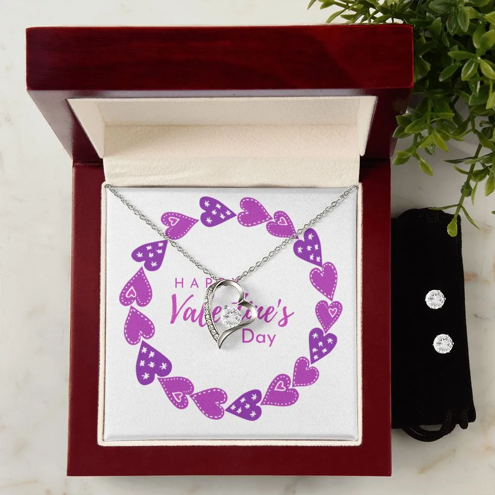 Purple Heart Valentine's Forever Heart Necklace & Cubic Zirconia Earring Set