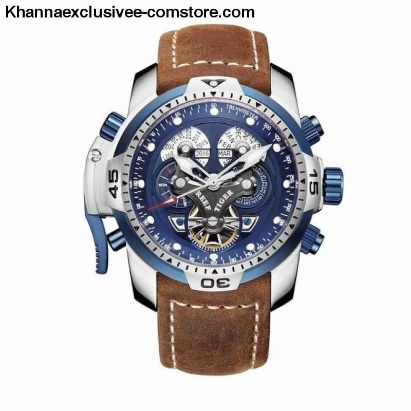Reef Tiger Sports Men's Big Dial Perpetual Calendar Steel Mechanical Blue Rubber Strap Watch