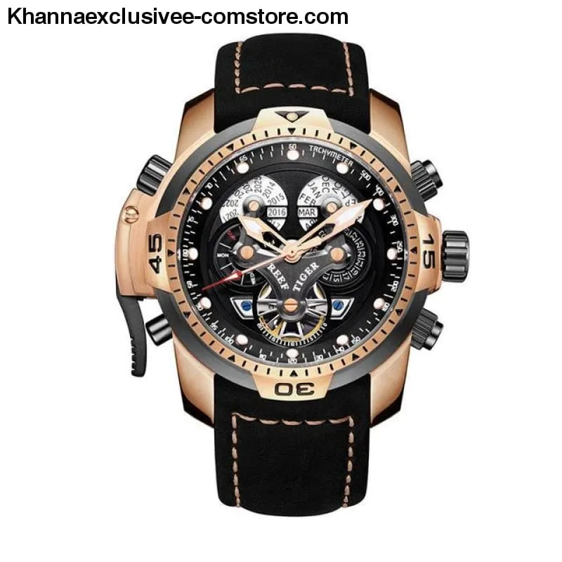 Reef Tiger Sports Men's Big Dial Perpetual Calendar Steel Mechanical Blue Rubber Strap Watch