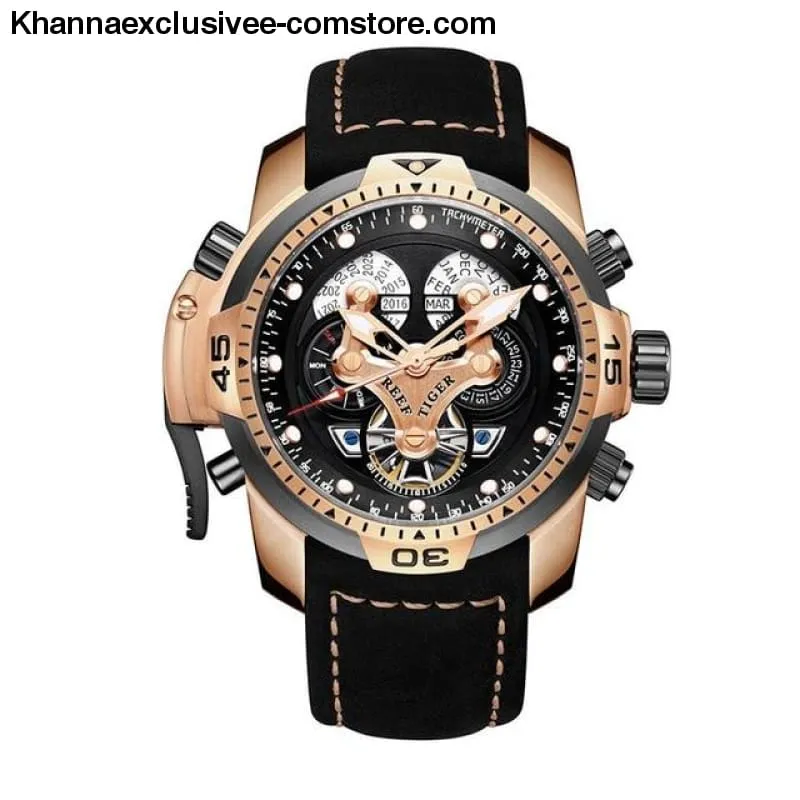 Reef Tiger Sports Men's Big Dial Perpetual Calendar Steel Mechanical Blue Rubber Strap Watch
