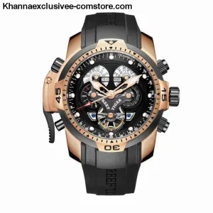 Reef Tiger Sports Men's Big Dial Perpetual Calendar Steel Mechanical Blue Rubber Strap Watch