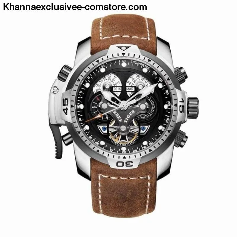 Reef Tiger Sports Men's Big Dial Perpetual Calendar Steel Mechanical Blue Rubber Strap Watch