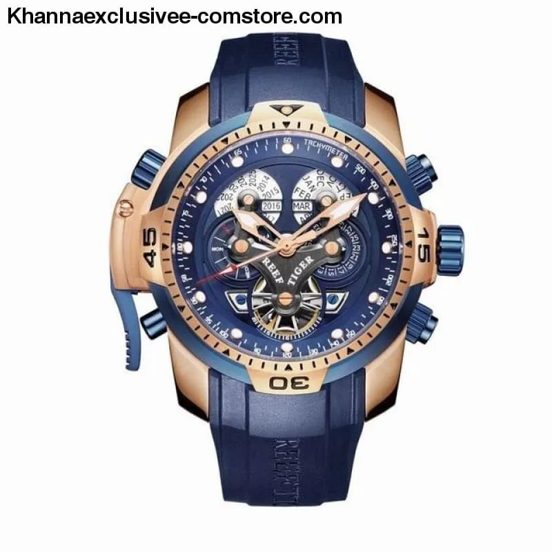Reef Tiger Sports Men's Big Dial Perpetual Calendar Steel Mechanical Blue Rubber Strap Watch