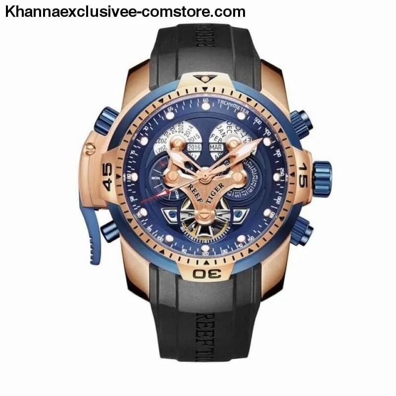 Reef Tiger Sports Men's Big Dial Perpetual Calendar Steel Mechanical Blue Rubber Strap Watch