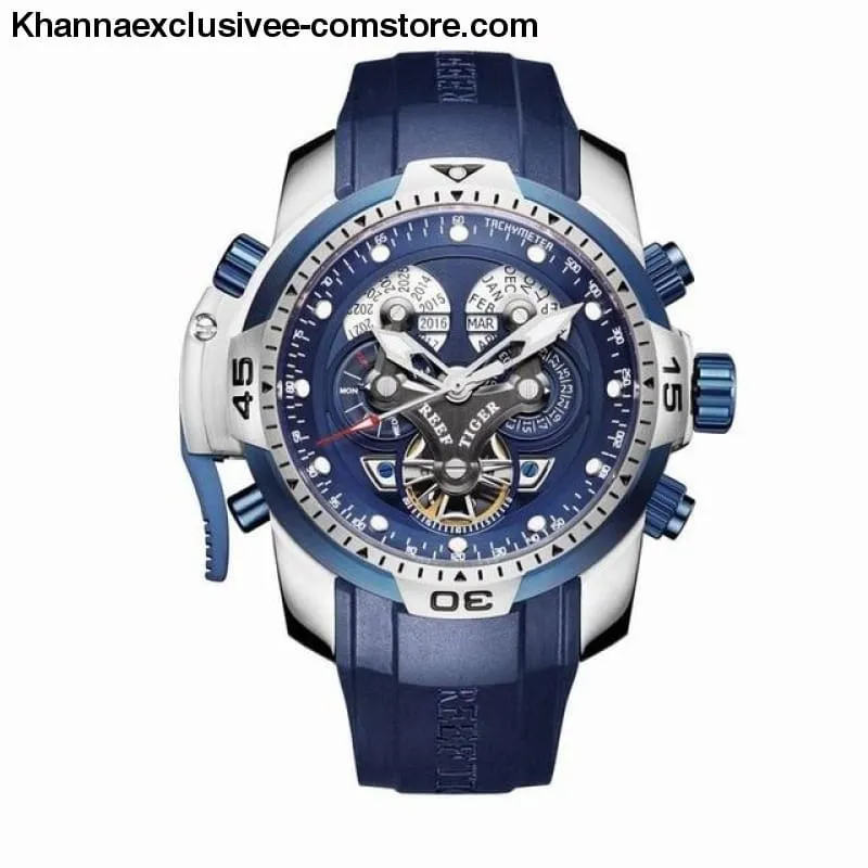 Reef Tiger Sports Men's Big Dial Perpetual Calendar Steel Mechanical Blue Rubber Strap Watch