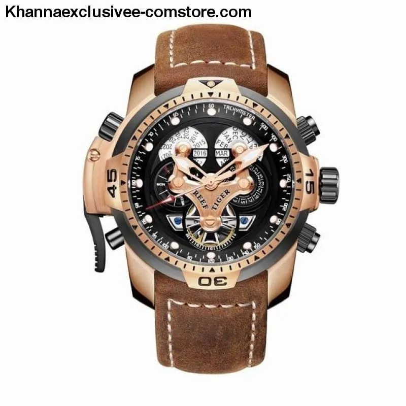 Reef Tiger Sports Men's Big Dial Perpetual Calendar Steel Mechanical Blue Rubber Strap Watch