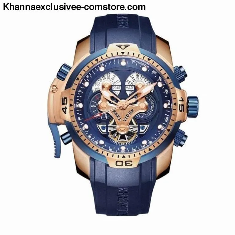 Reef Tiger Sports Men's Big Dial Perpetual Calendar Steel Mechanical Blue Rubber Strap Watch