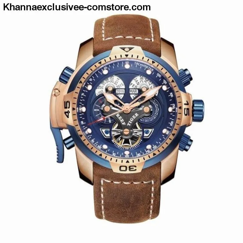 Reef Tiger Sports Men's Big Dial Perpetual Calendar Steel Mechanical Blue Rubber Strap Watch