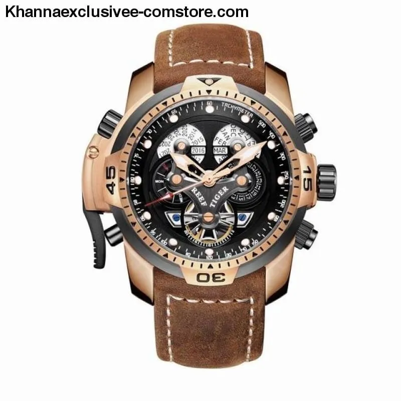 Reef Tiger Sports Men's Big Dial Perpetual Calendar Steel Mechanical Blue Rubber Strap Watch