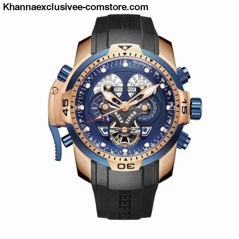 Reef Tiger Sports Men's Big Dial Perpetual Calendar Steel Mechanical Blue Rubber Strap Watch
