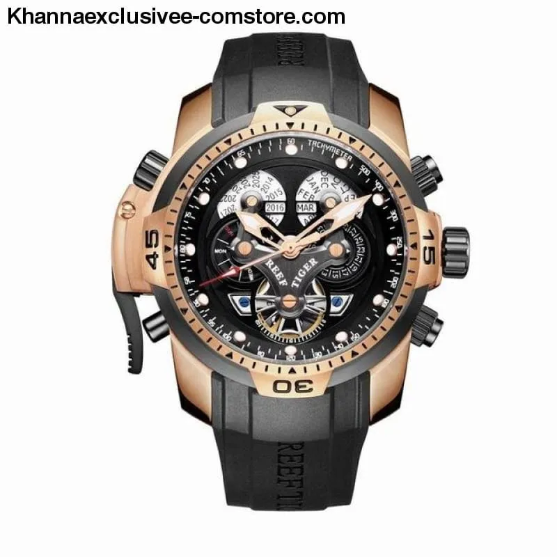 Reef Tiger Sports Men's Big Dial Perpetual Calendar Steel Mechanical Blue Rubber Strap Watch