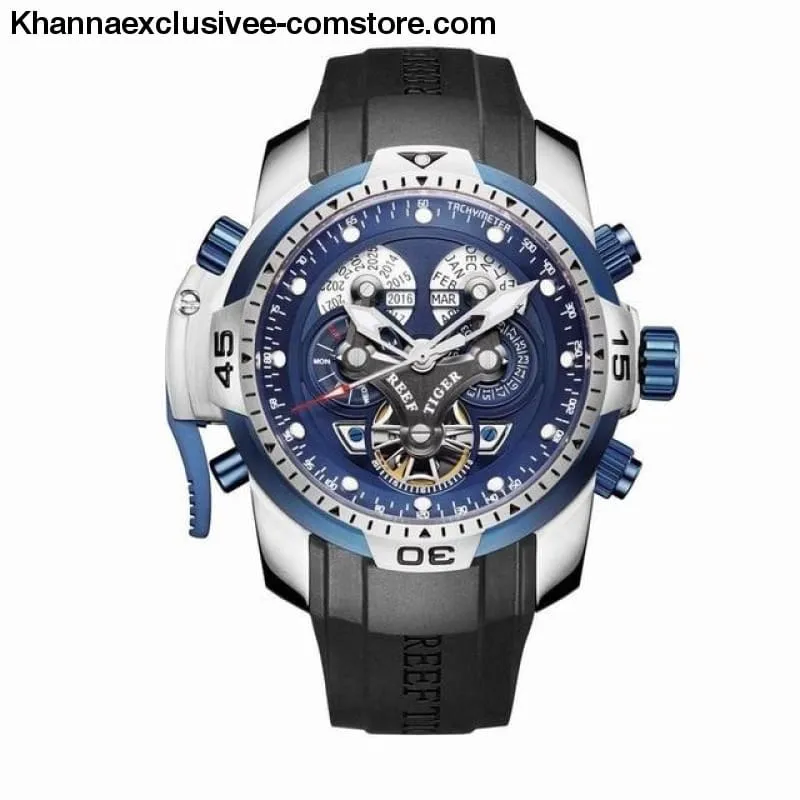 Reef Tiger Sports Men's Big Dial Perpetual Calendar Steel Mechanical Blue Rubber Strap Watch