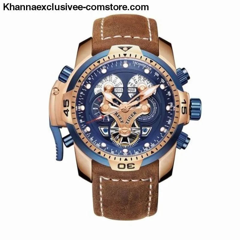 Reef Tiger Sports Men's Big Dial Perpetual Calendar Steel Mechanical Blue Rubber Strap Watch