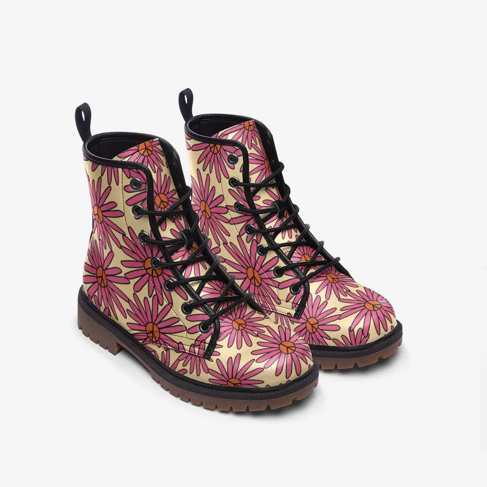 Retro Flowers Beige Unisex Vegan Leather Boots