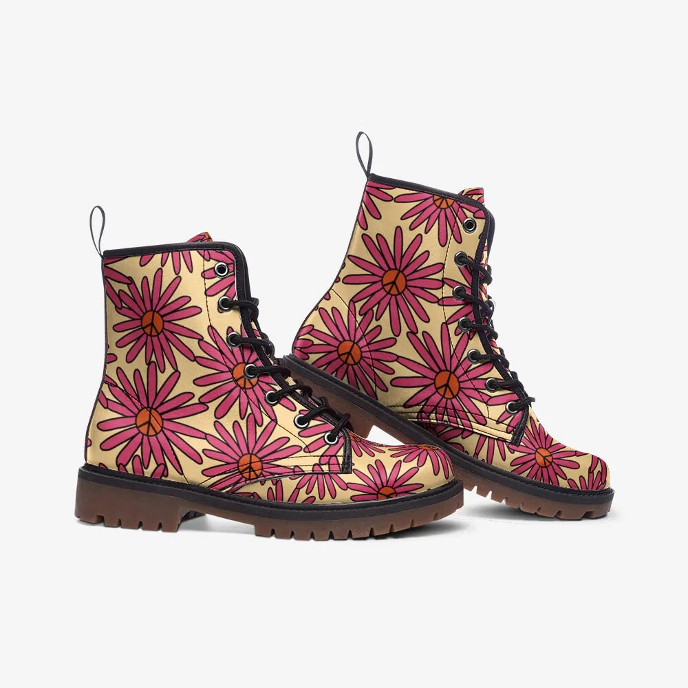 Retro Flowers Beige Unisex Vegan Leather Boots